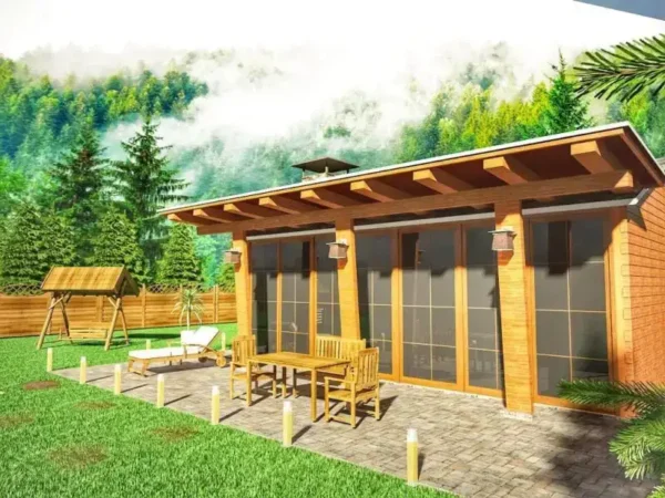 Yeşillikler içinde önü camlı "80 m2 ahşap ev fiyatları"
