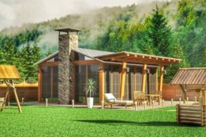 Hafif dumanlı arkası dağ yerleri çim olan -80 m2 Ahşap ev fiyatları nın görsel resmi