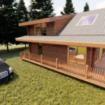 Yanında siyah araba olan yeşillikler içinde iki katlı 150 m² Modern tasarım ahşap villa