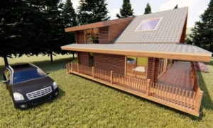 Yanında siyah araba olan yeşillikler içinde iki katlı 150 m² Modern tasarım ahşap villa