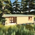 Ağaçlar içinde önden görünüşlü 15 m2 ahşap bungalov ev