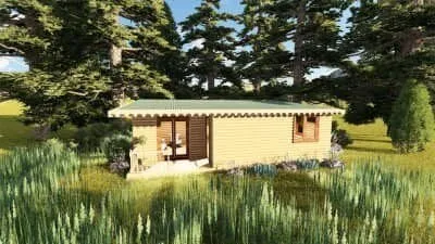 Ağaçlar içinde önden görünüşlü 15 m2 bungalov ev