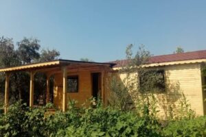 Açık mavi gökyüzü ve yeşillikler arasındaki hazır taşınabilir ahşap bungalov ev