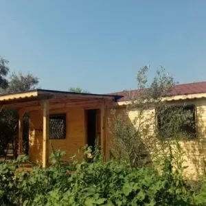Açık mavi gökyüzü ve yeşillikler arasındaki hazır taşınabilir ahşap bungalov ev