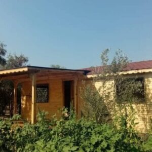 Açık mavi gökyüzü ve yeşillikler arasındaki hazır taşınabilir ahşap bungalov ev
