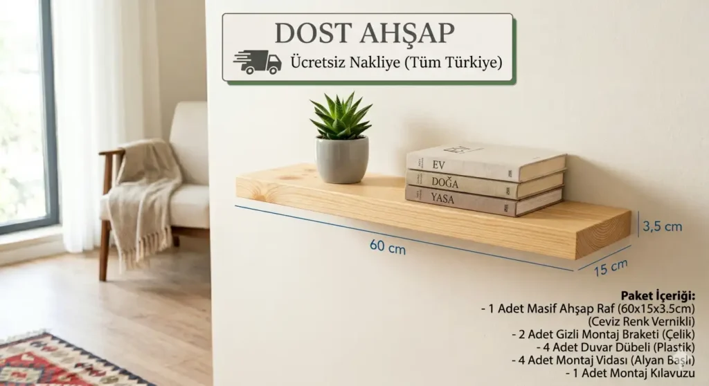 Doğal Ahşap raf, bitki ve kitaplar