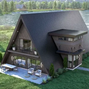 orman ve göl kenarında modern ahşap A-frame bungalov ev