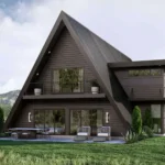 geniş pencereli, teraslı ve siyah çatılı ahşap üçgen ev