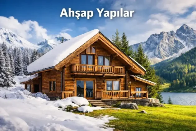 Karlı dağlar ve göl kenarında, yeşil çimenlikte duran iki katlı, balkonlu geleneksel ahşap dağ evi.