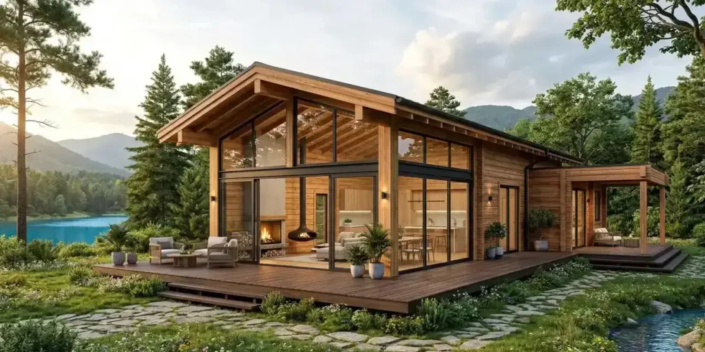 Modern ahşap ev, doğal manzara.