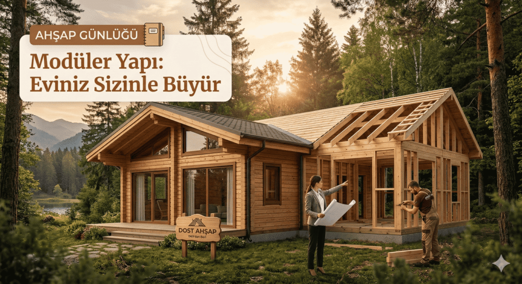 Modüler yapı ve Ahşap ev, doğa manzarası.