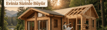 Modüler yapı ve Ahşap ev, doğa manzarası.