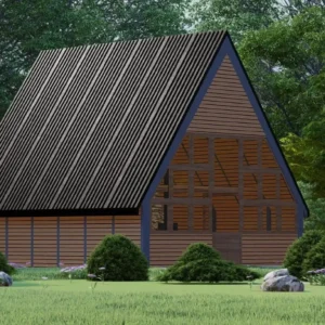 Arkası yeşillik dik çatılı taha modeli ahşap bungalov ev çizimi